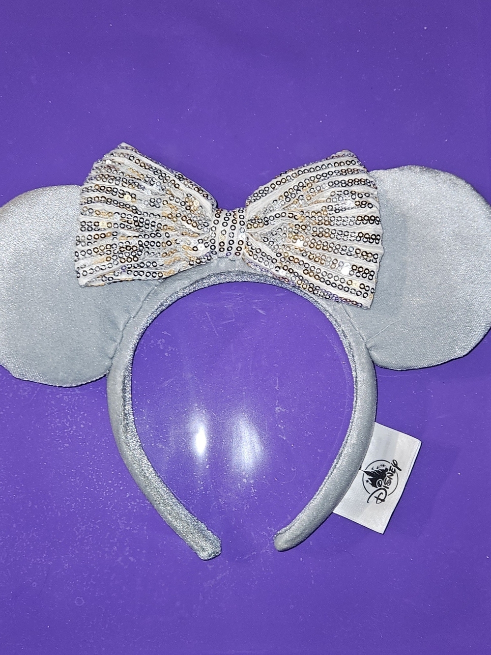 Official Disney Minnie Silver Ears w/ Silver and Gold Sequin Bow